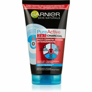 Garnier Pure Active 3 az 1-ben tisztító fekete maszk, bőrradír és gél aktív szénnel a mitesszerek ellen, zsíros és problémás bőrre, 150 ml 150 ml